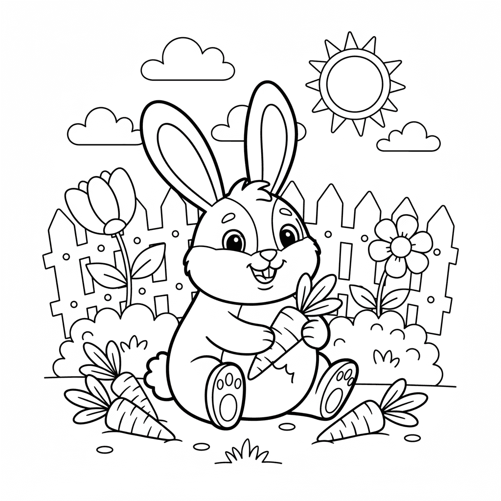 Cute Bunny In A Garden With Carrots