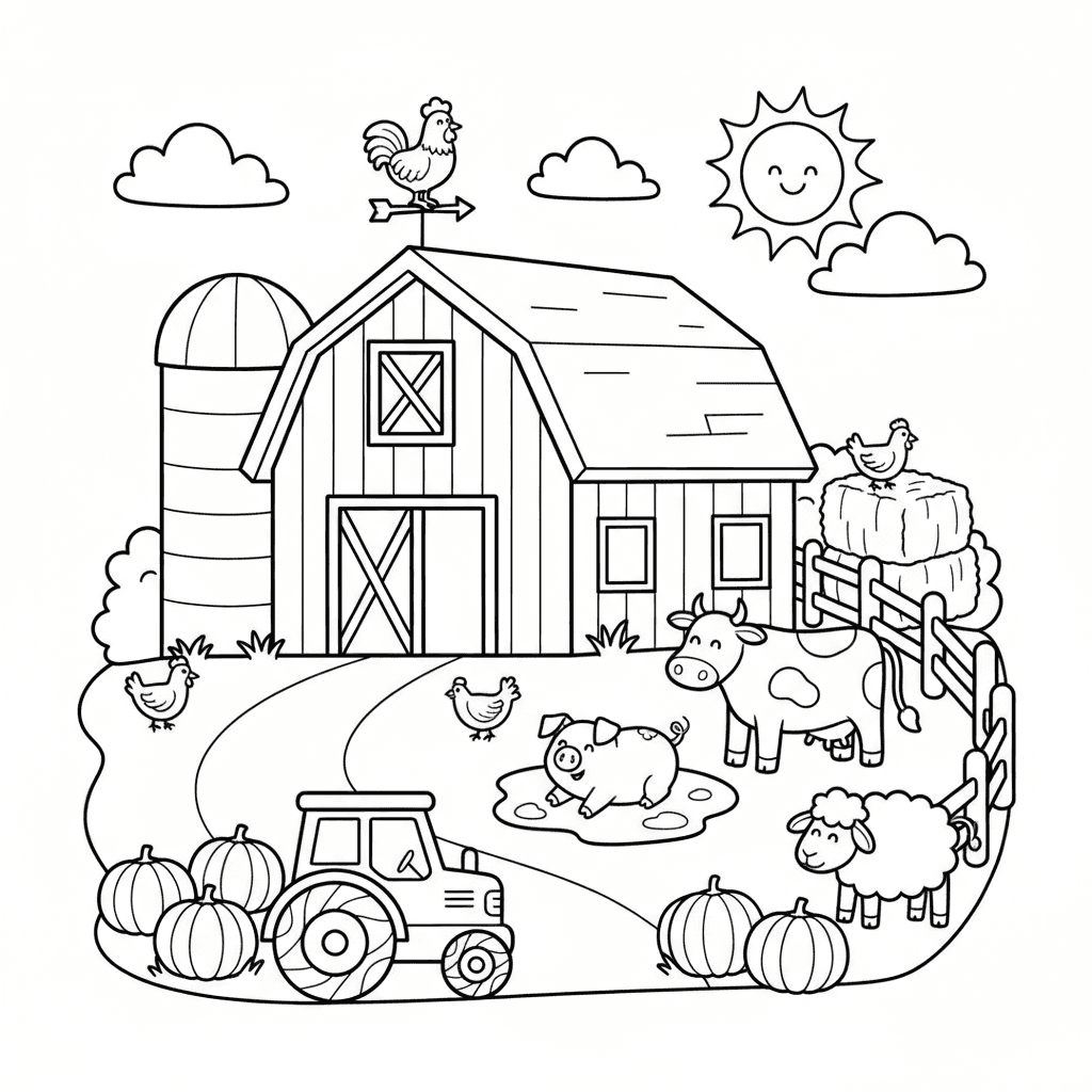 Farm With Barn And Animals