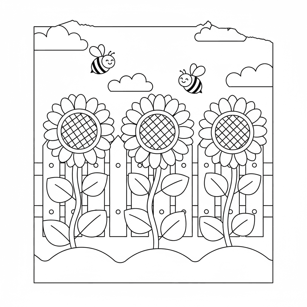 Garden With Sunflowers And Bees